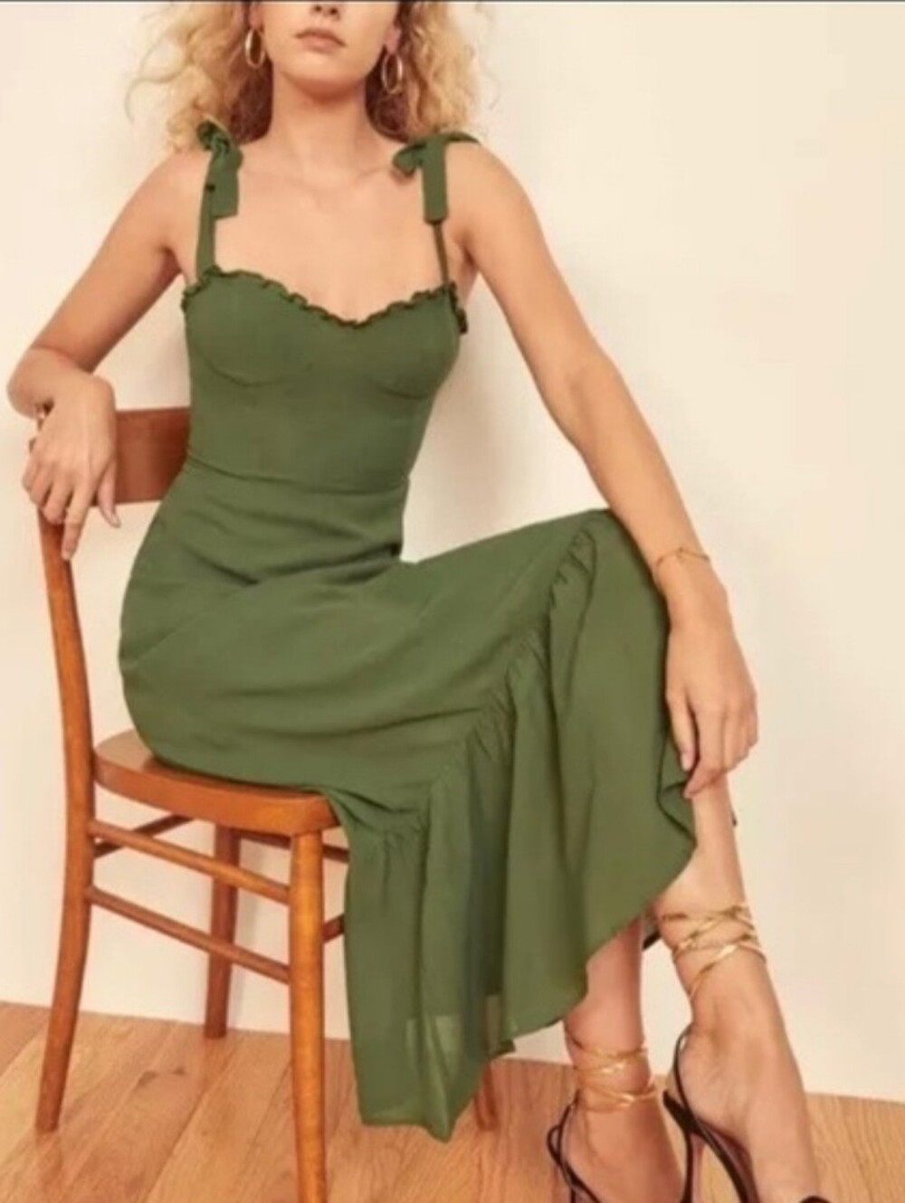 Reformation Nikita Maxi Dress Avocado Moss Green Midi 14 Ruffle Tiered Hem